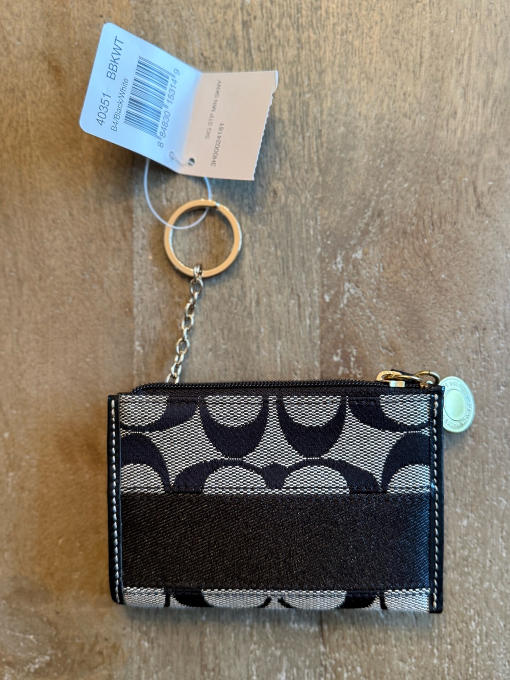 Coach Black and Beige Signature Canvas Key & Card Holder with Chain